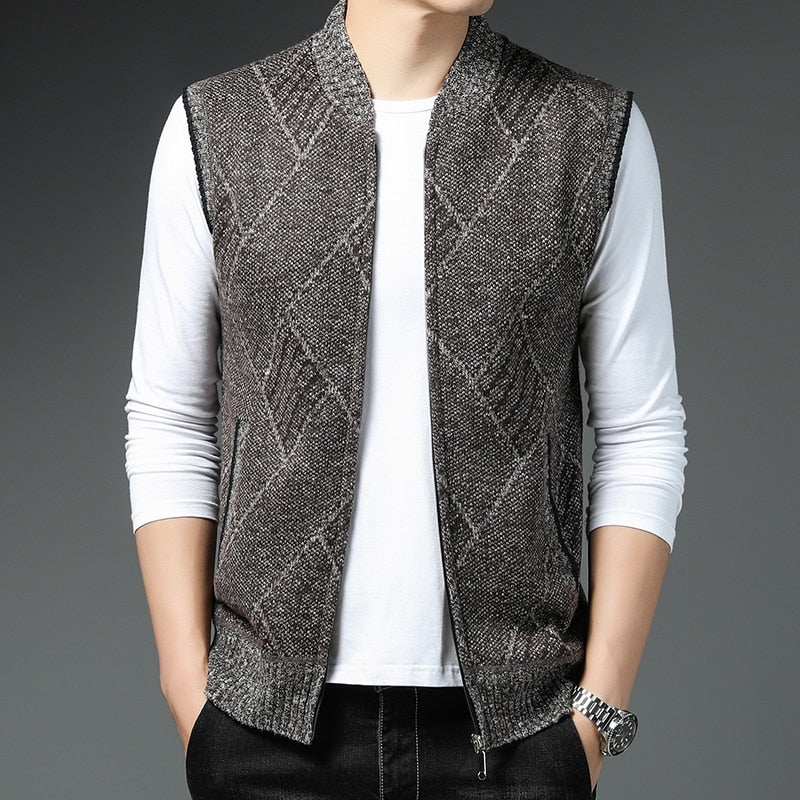 Sweater Men Thick Sleeveless Cardigan Knitted Waistcoat Stand Collar K Astraoutfit