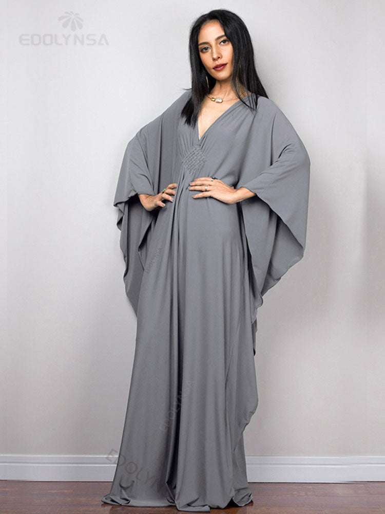 Solid V-neck Batwing Sleeve Plus Size Loose Maxi Dress