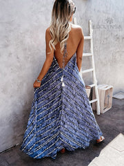 Striped V-Neck Sleeveless Backless Maxi Dress