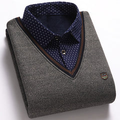 Men Wool Shirt-Neck Sweater Plaid Solid Thickened Warm Fleece