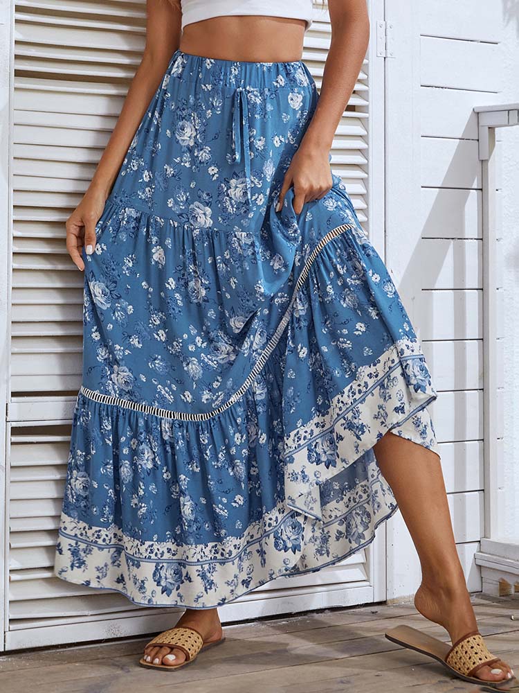 Floral Printed Bohemian Elastic High Waist  Midi Skirt Vintage