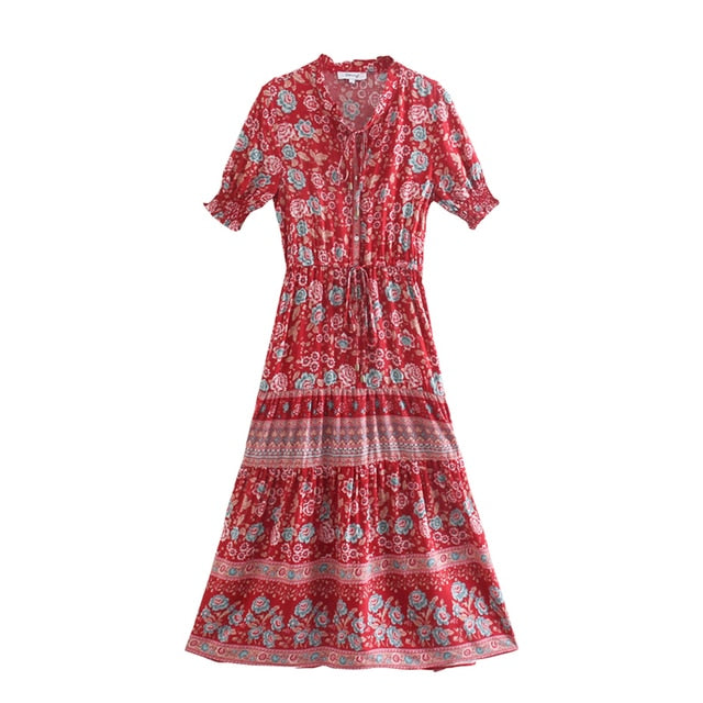 V-neck Long Flared Sleeves Dress Boho Hippie Chic Maxi Dress Vestidos