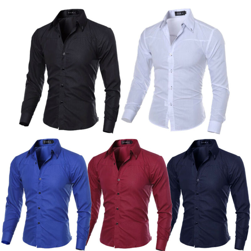 Men Casual Formal Shirt Long Sleeve Slim Fit Business Dress Shirts Tops