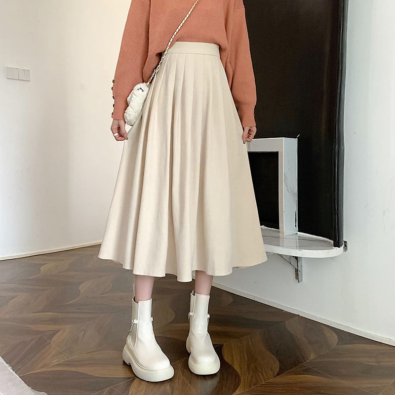 Fashion High Waist Pleated Skirt Women Elegant Style Midi Skirt