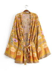 BOHO Women Bohemian Yellow V neck Flower Print Kimono Shirt