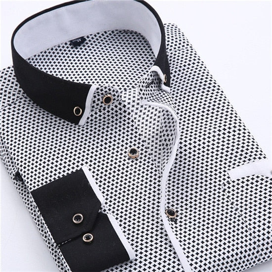 Men Shirt Long Sleeve Slim Fit Button Down Collar Printed Business Shirts