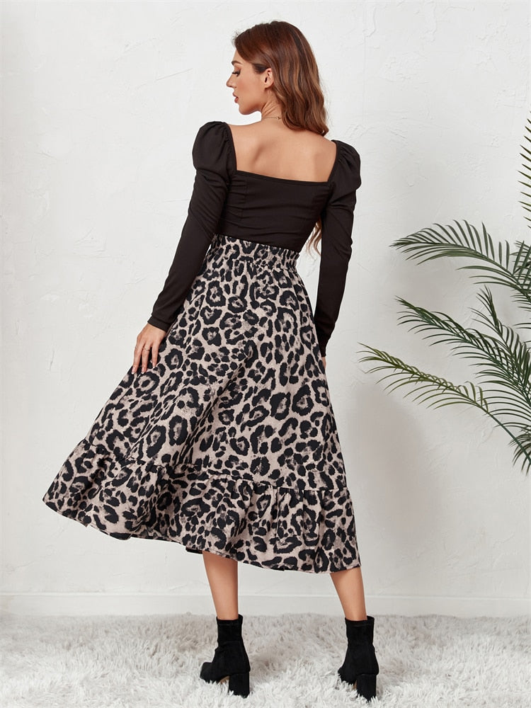 High Waist Leopard Midi Skirt For Women Casual Boho Printed Long Tulle Skirt