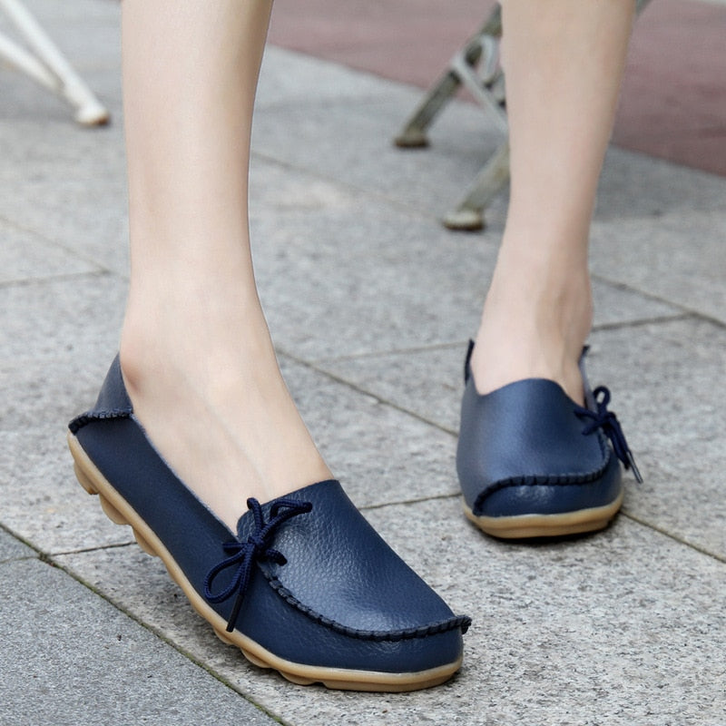 Flats Shoes Loafers Leather Female Slip on Ballet Bowtie Low-top