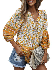 Casual Boho V Neck Top Loose Floral Printed Long Sleeve Beach Shirts Blouses