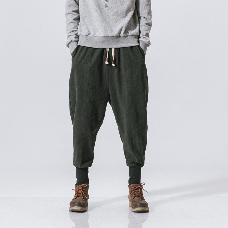 Men Linen Pants Streetwear Casual Joggers Elastic Waist Trouser