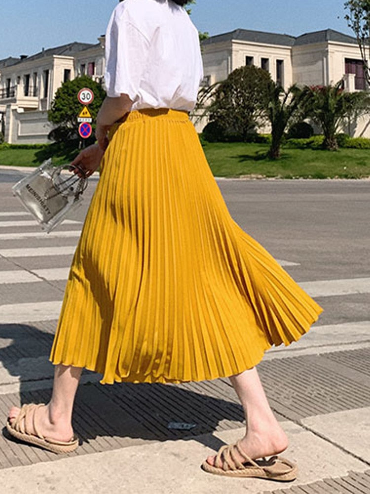 Fashion Pleated Midi Long Skirt Koran Casual High Waist Skirts