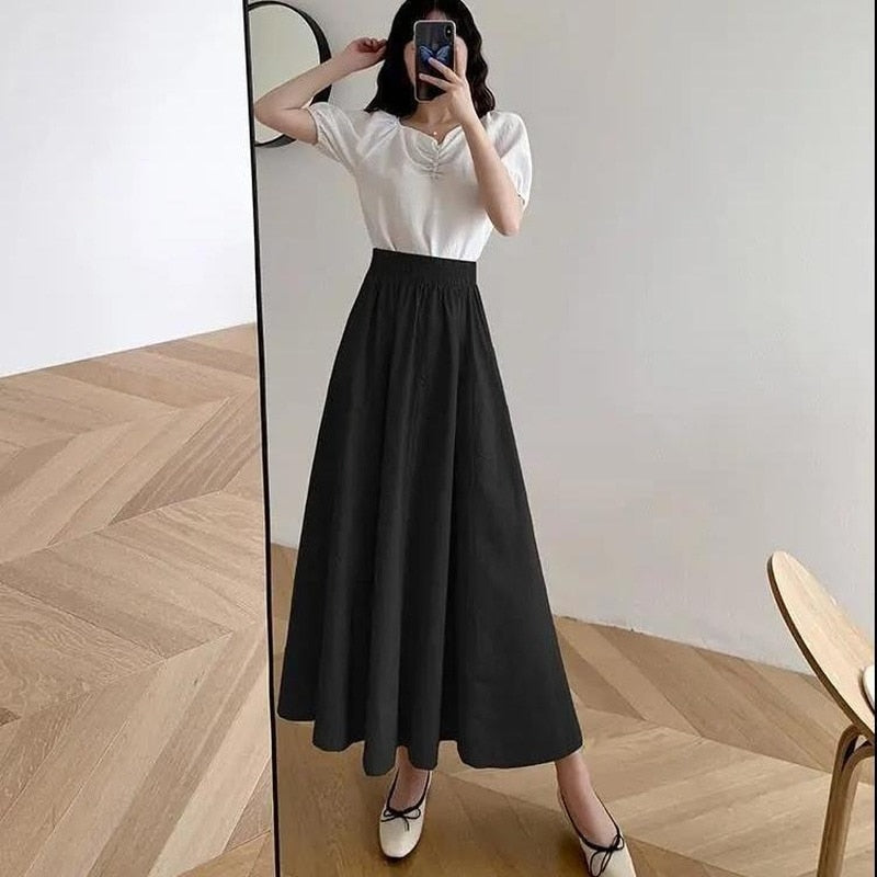 Skirts Women Solid Mid-calf Elegant Korean Style Retros