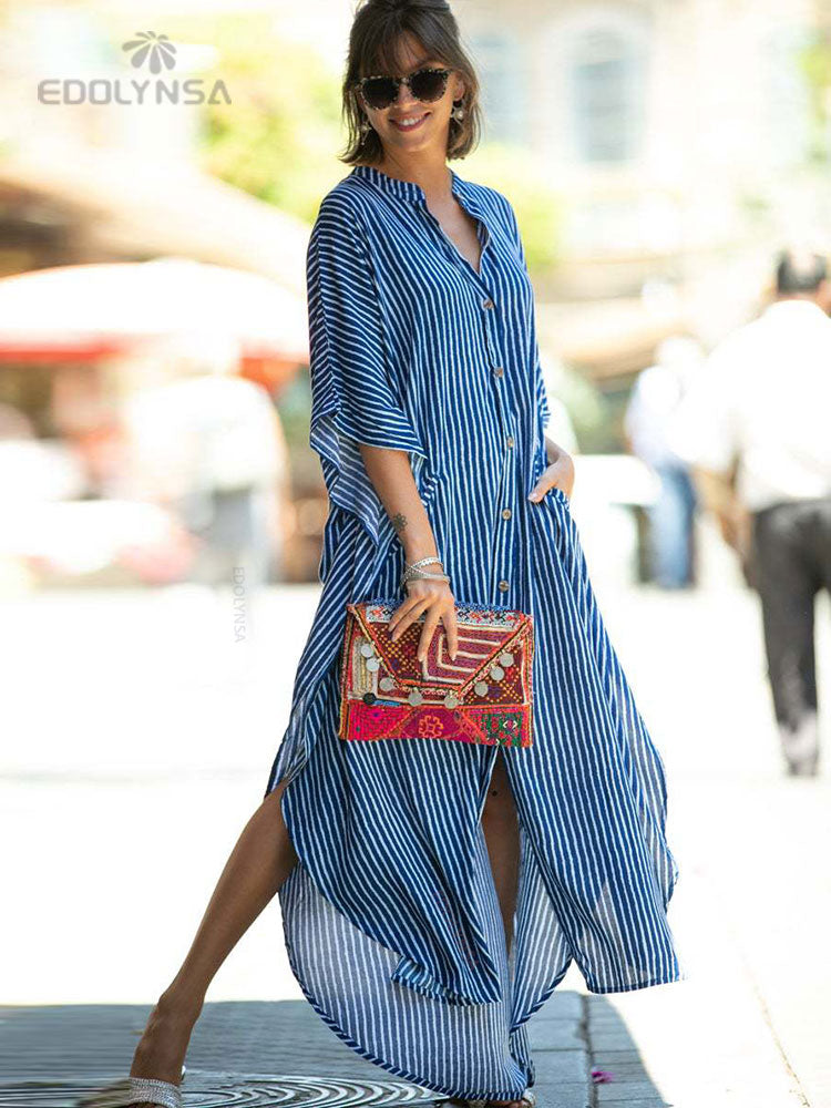 Casual Bikini Cover-ups Blue Tunic Sexy Striped Front Open