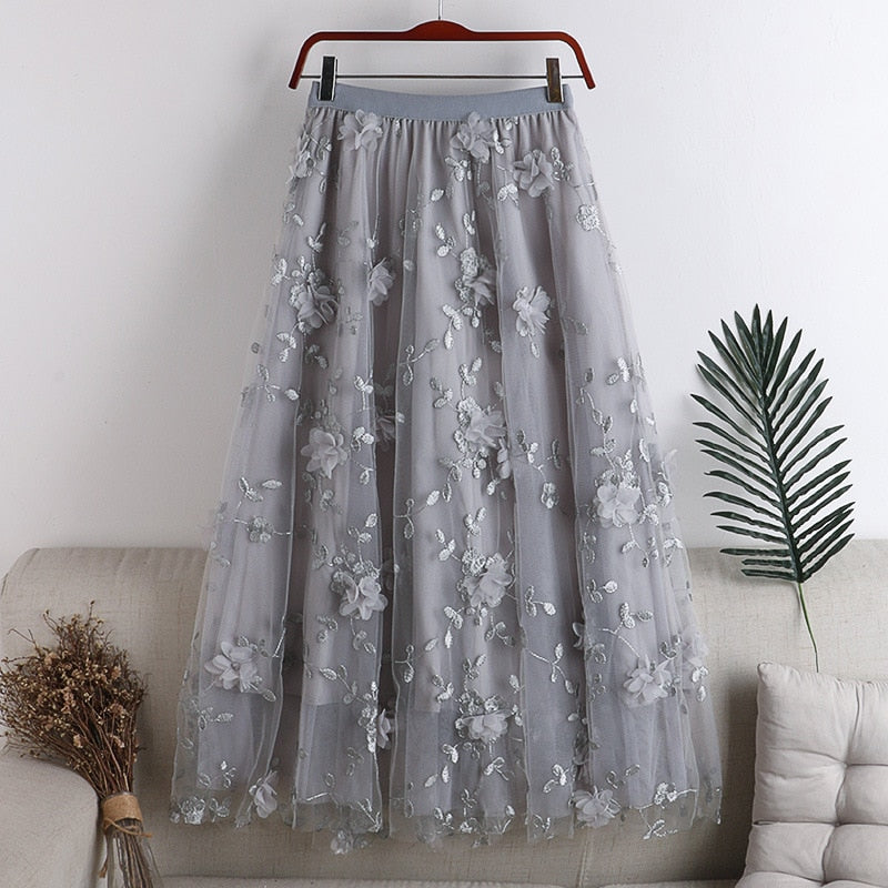 Women Floral Tutu Tulle Mesh Skirts Spring Elastic High Waist