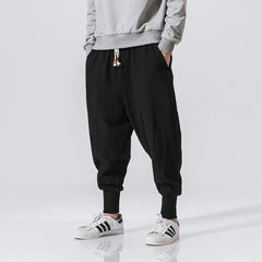 Linen Pants Men Waist Joggers Baggy Drop-crotch Pants Casual Trousers