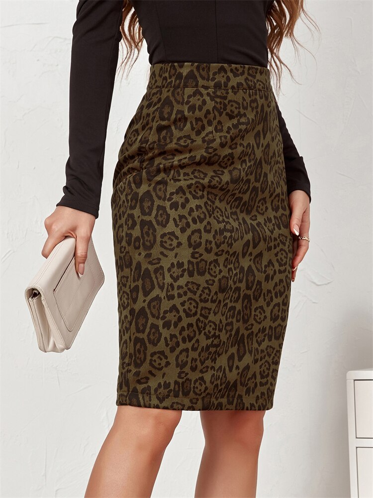 Women Leopard Print Long Skirts Suede Fabric Official Ladies Wrap Skirt