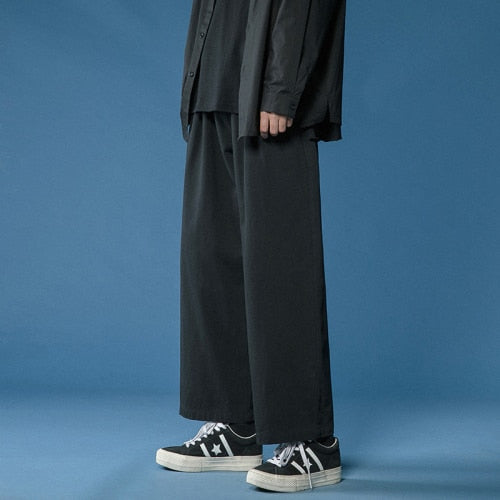 Casual Pant Men Baggy Wide Leg Pants Ankle Length Waist Loose Straight Trousers