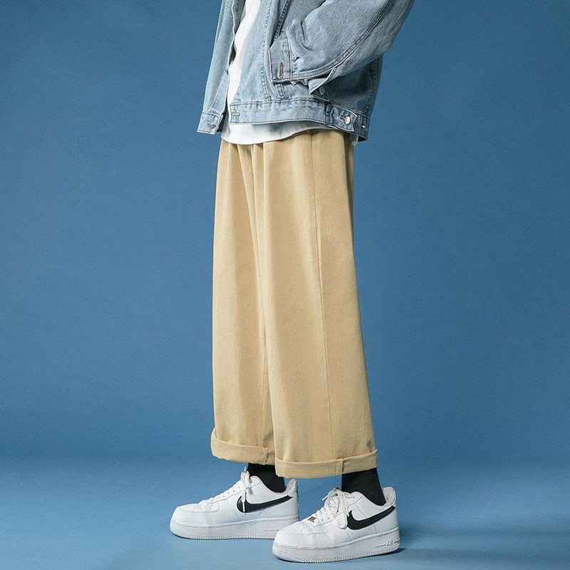 Casual Pant Men Baggy Wide Leg Pants Ankle Length Waist Loose Straight Trousers