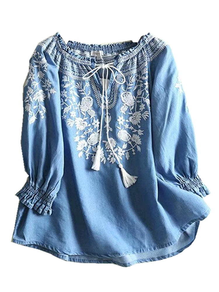 Vintage Chic Floral Embroidery Bohemian Denim Cotton Blouse