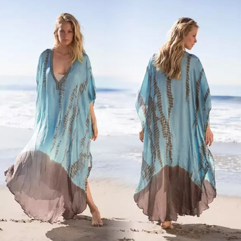 Green Boho Striped Kaftan Plus Size Retro V-neck Maxi Dress