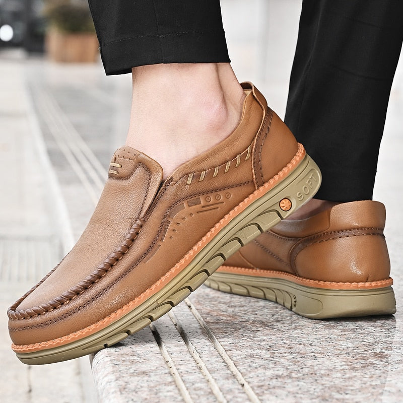 Men's First Cowhide Casual Shoes Loafers Breathable Platform Big Head