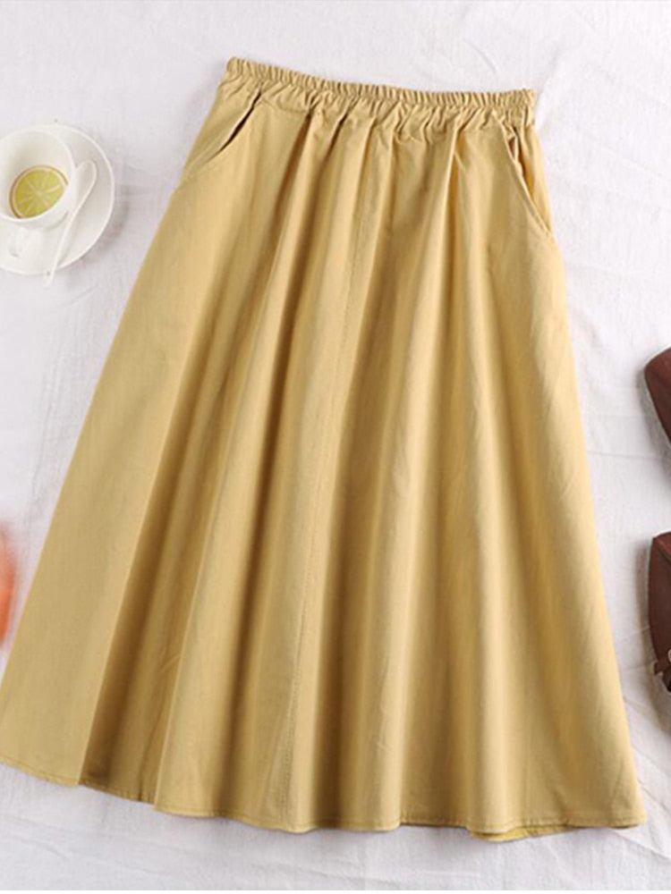 Midi Summer Skirt Women 2021 Fashion Korean Pocket A-line