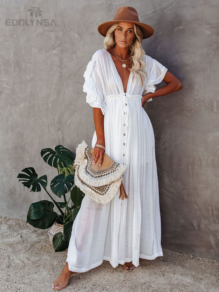 Sexy Bikini Cover-ups Long White Tunic Casual Summer Beach Dress