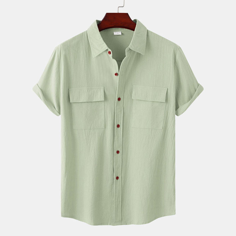 Double Pocket Linen Shirt Men Short Sleeve Button Down Shirts