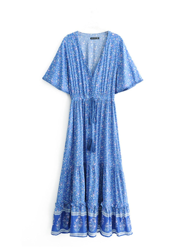 Vintage Chic Floral Print V-neck Rayon Bohemian Maxi Dress