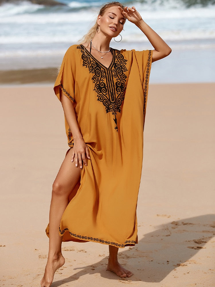 Yellow Embroidered Loose Kaftan Casual Summer Vacation Maxi Dress