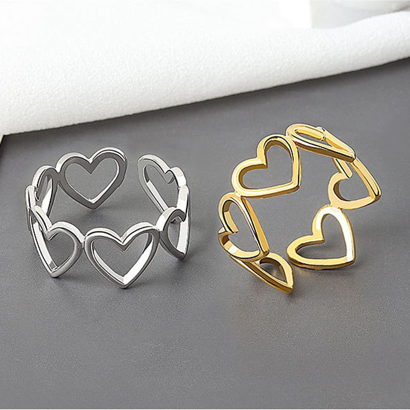 Heart Hollowout Sterling Silver Ring Romantic Unisex Gold Jewelry