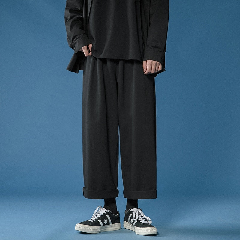 Casual Pant Men Baggy Wide Leg Pants Ankle Length Waist Loose Straight Trousers