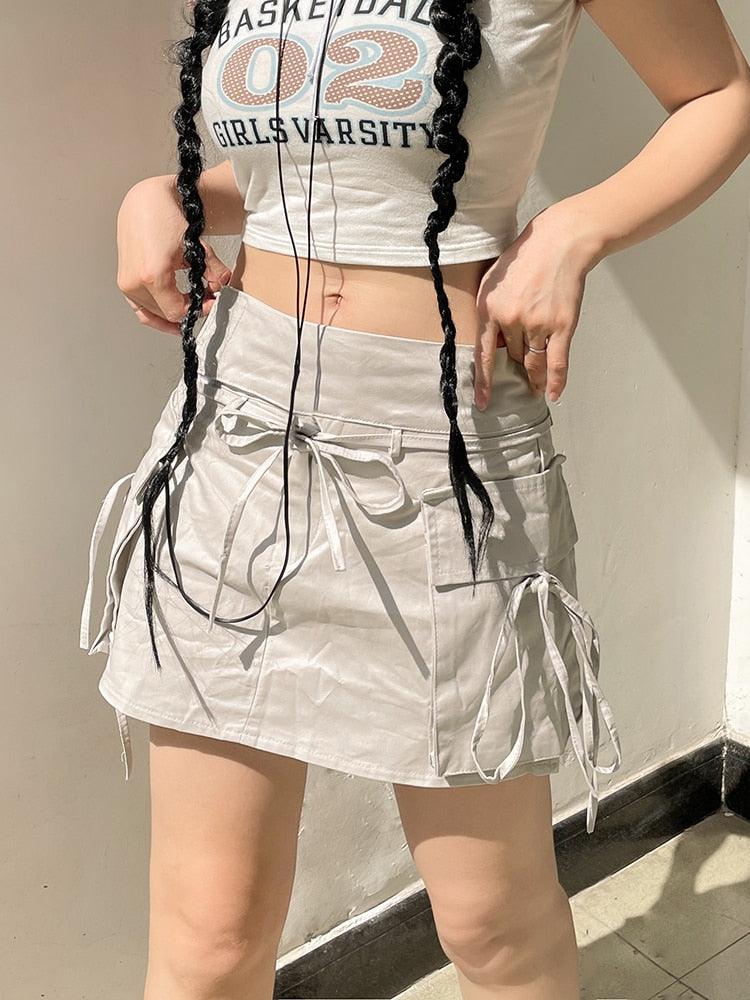 Harajuku Grey High Waist Cargo Skirt Female Aesthetic Streetwear Pocket