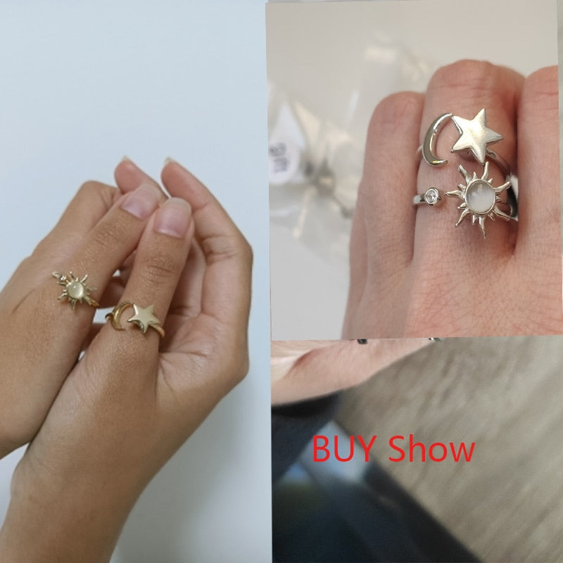 Women Stainless Steel Sunflower Star Planet Spinner Fidget Rings