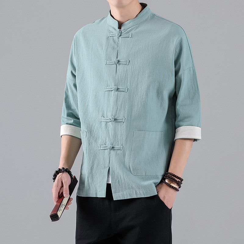 Chinese Style Mens Tops Tang Suit Linen Half Sleeve Solid