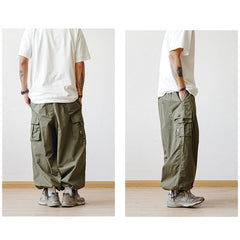 Multi-Pocket Pants Men Casual Straight Pants Baggy Wide-leg Cropped Ankle-length Pants