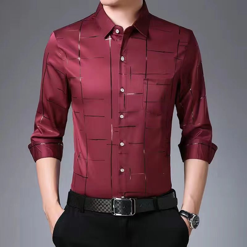 Men Thin Plaid Smooth Shirts Long Sleeve Lapel Loose Business Tops