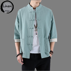 Chinese Style Mens Tops Tang Suit Linen Half Sleeve Solid