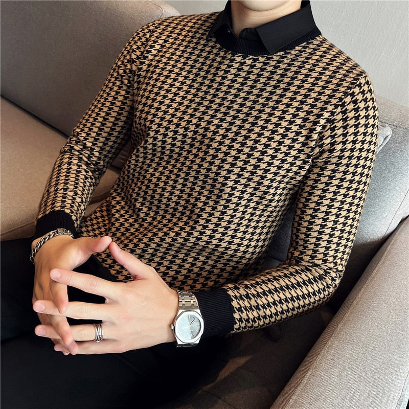 Men Winter Thermal Knitting Sweater Slim Fit Shirt Collar Pullover