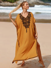 Yellow Embroidered Loose Kaftan Casual Summer Vacation Maxi Dress