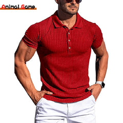 Turn-Down Collar Men Button T-shirt Short Sleeved Stripe Fitness Yoga Top