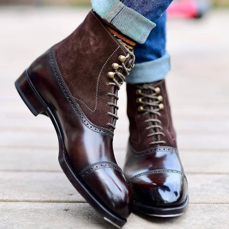 Men Short Boots Bullock Flock Lace-up Square Toe Handmade Business Shoes