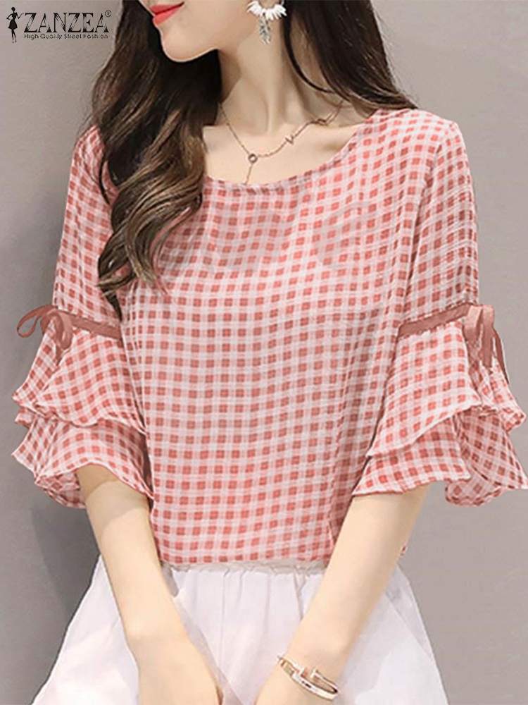 Summer Grid Printed Women Blouse Lace-Up O-Neck Short Sleeve Tops