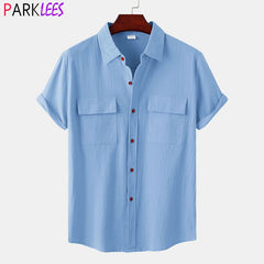 Double Pocket Linen Shirt Men Short Sleeve Button Down Shirts