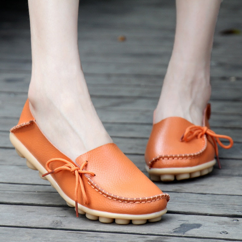 Flats Shoes Loafers Leather Female Slip on Ballet Bowtie Low-top