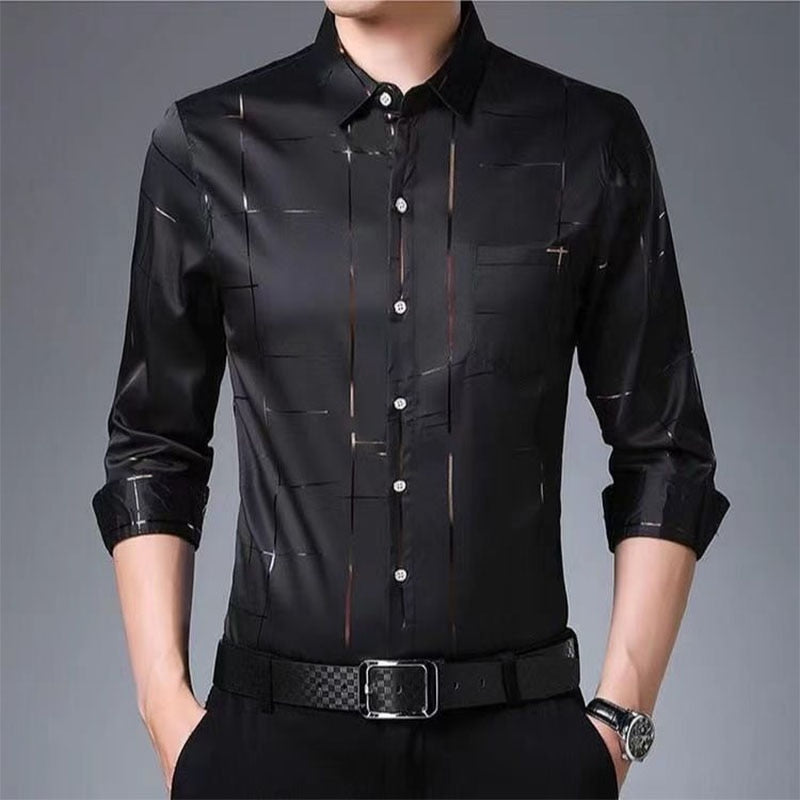 Men Thin Plaid Smooth Shirts Long Sleeve Lapel Loose Business Tops