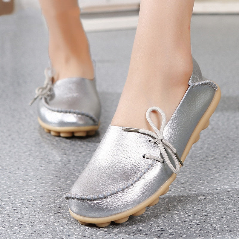 Flats Shoes Loafers Leather Female Slip on Ballet Bowtie Low-top