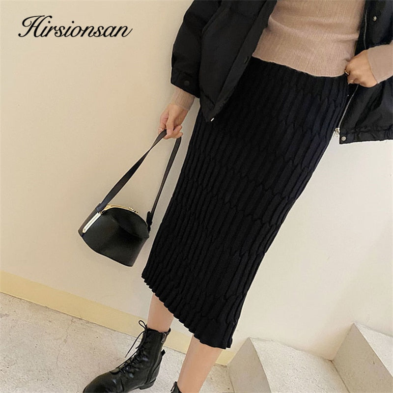 Solid Elastic Straight Knitted Winter Warm All-match Skirts