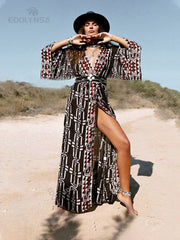 Bohemian Printed Bikini Cover-ups Elegant Self Belted Kimono Dress