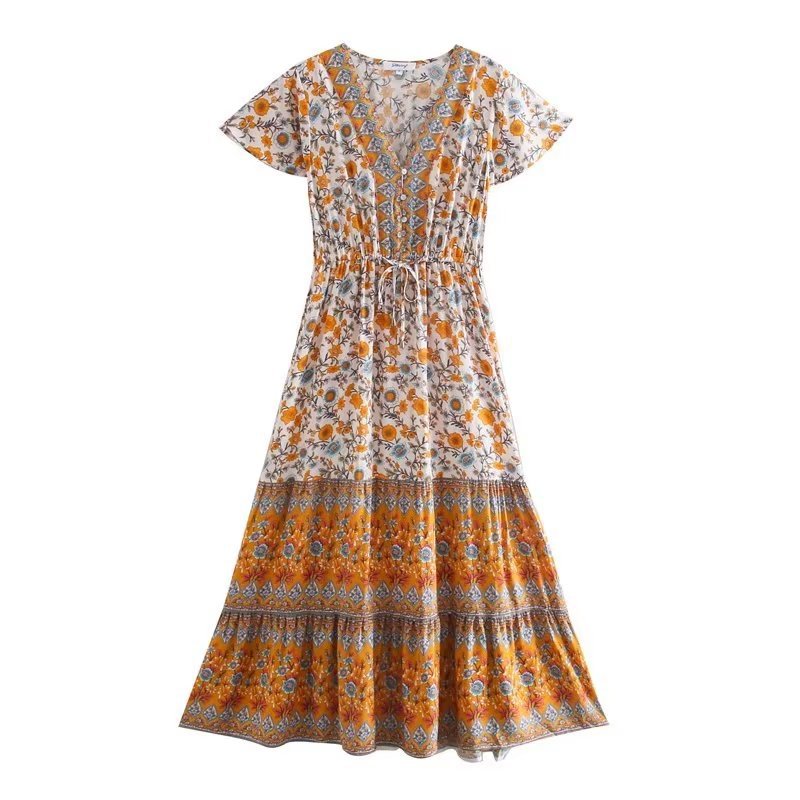 V-neck Long Flared Sleeves Dress Boho Hippie Chic Maxi Dress Vestidos